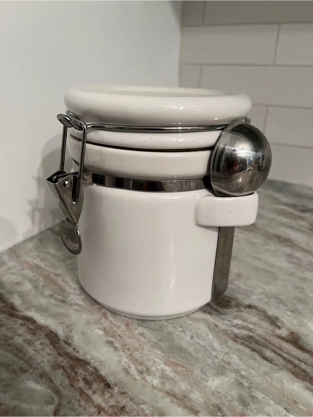 White Ceramic Airtight Storage Jar with Stainless Steel Scoop